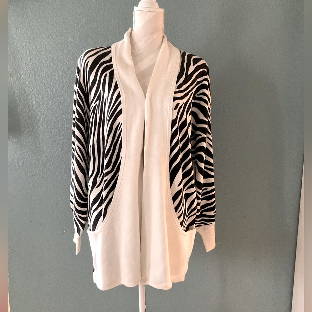 Side Effects Zebra Print Knit Sweater Cardigan.
